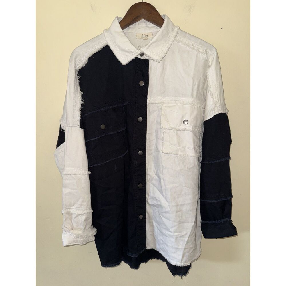 Elan Black White Colorblock Raw Edge Button Down Shacket Large